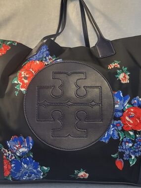 Tory Burch Black Floral Logo Tote Bag